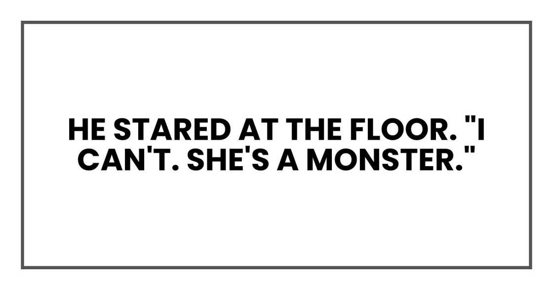 He stared at the floor. "I can't. She's a monster." He stared at the floor. "I can't. She's a monster."