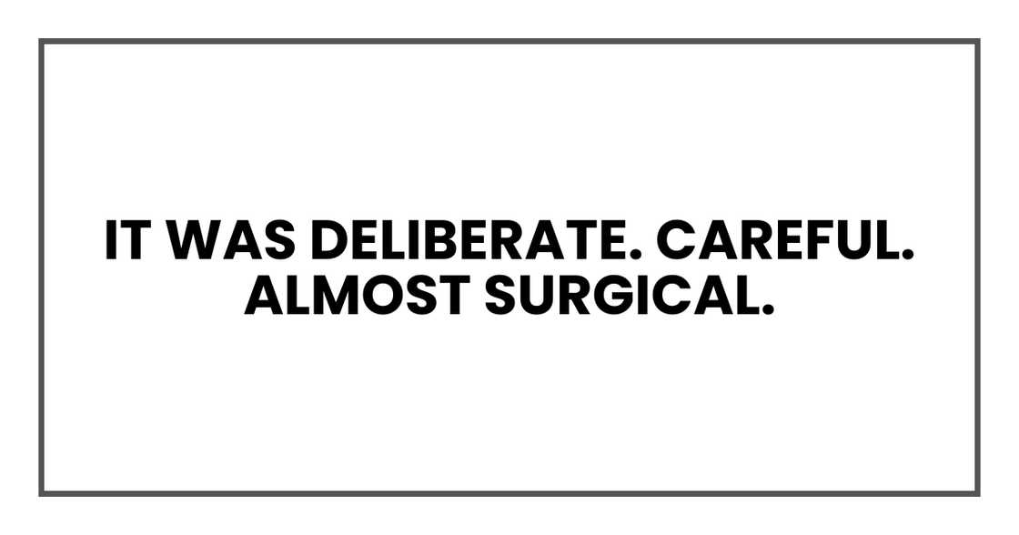 It was deliberate. Careful. Almost surgical. It was deliberate. Careful. Almost surgical.
