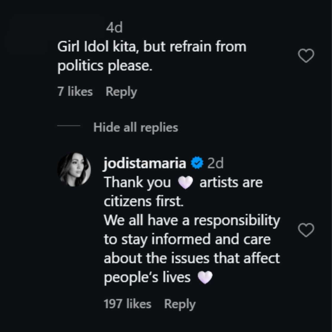 Jodi Sta. Maria, binuweltahan ang netizen na nagbawal sa kanya mangialam sa pulitika