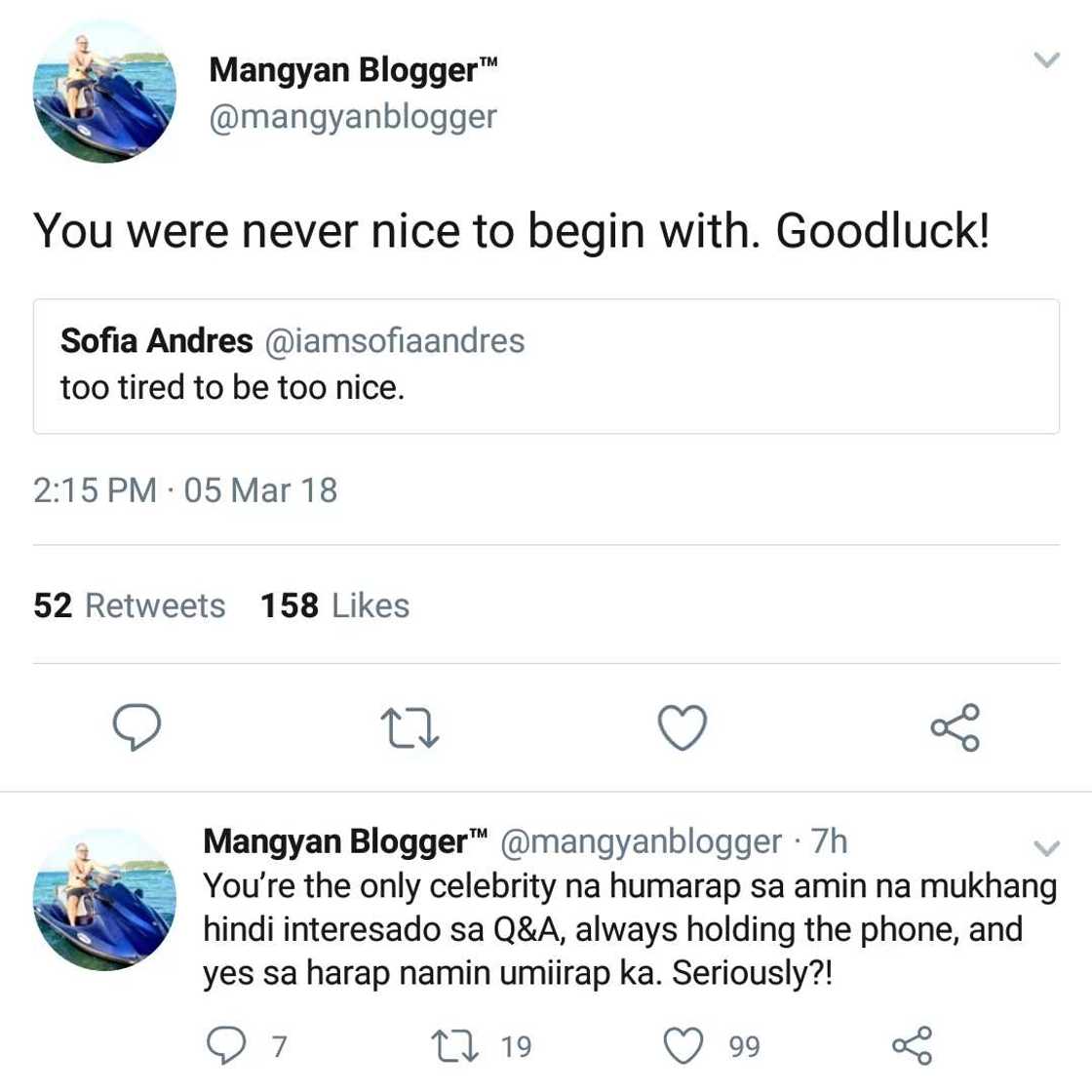 Panget daw ang ugali? Mangyan blogger rants on Twitter about Sofia Andres' alleged "attitude problem" Panget daw ang ugali? Mangyan blogger rants on Twitter about Sofia Andres' alleged "attitude problem"
