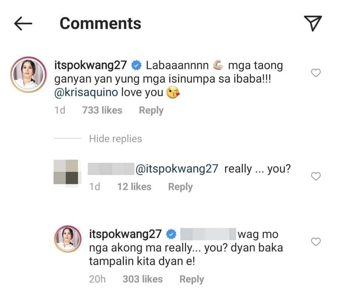 Pokwang, nakipagsagutan sa mga netizens matapos ipagtanggol si Kris Aquino Pokwang, nakipagsagutan sa mga netizens matapos ipagtanggol si Kris Aquino