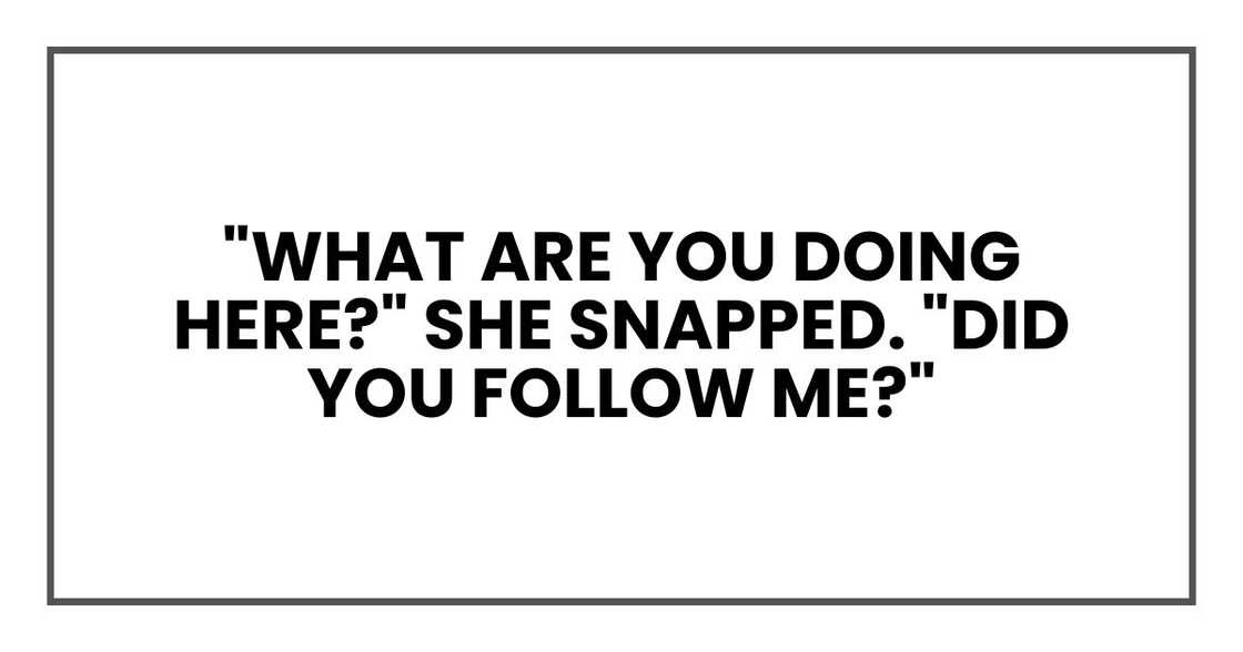 "What are you doing here?" she snapped. "Did you follow me?" "What are you doing here?" she snapped. "Did you follow me?"