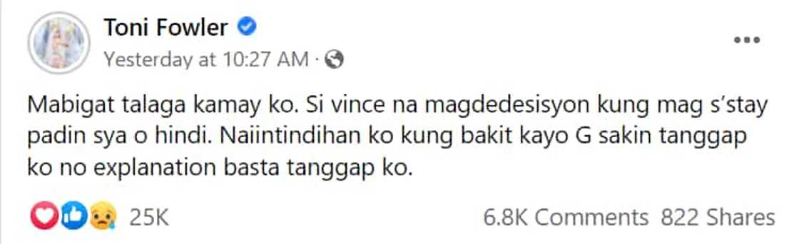 Toni Fowler, sinabing tanggap niya ang reaksiyon ng mga tao sa pagsampal niya kay Vince