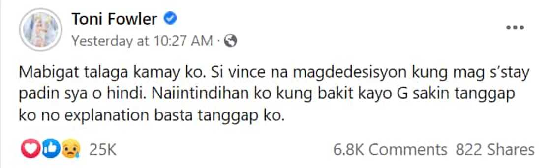 Toni Fowler, sinabing tanggap niya ang reaksiyon ng mga tao sa pagsampal niya kay Vince Toni Fowler, sinabing tanggap niya ang reaksiyon ng mga tao sa pagsampal niya kay Vince