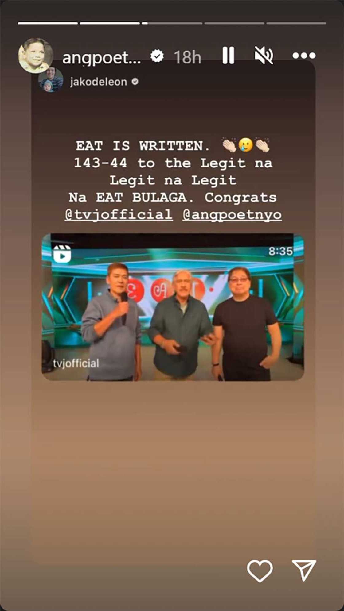 Jako De Leon, binati ang TVJ sa naging desisyon ng korte ukol “Eat Bulaga”: “Legit na Legit” Jako De Leon, binati ang TVJ sa naging desisyon ng korte ukol “Eat Bulaga”: “Legit na Legit”