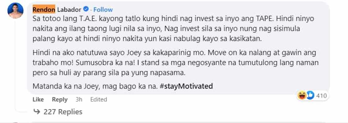 Rendon Labador kay Joey de Leon: "Matanda ka na Joey, mag bago ka na" Rendon Labador kay Joey de Leon: "Matanda ka na Joey, mag bago ka na"