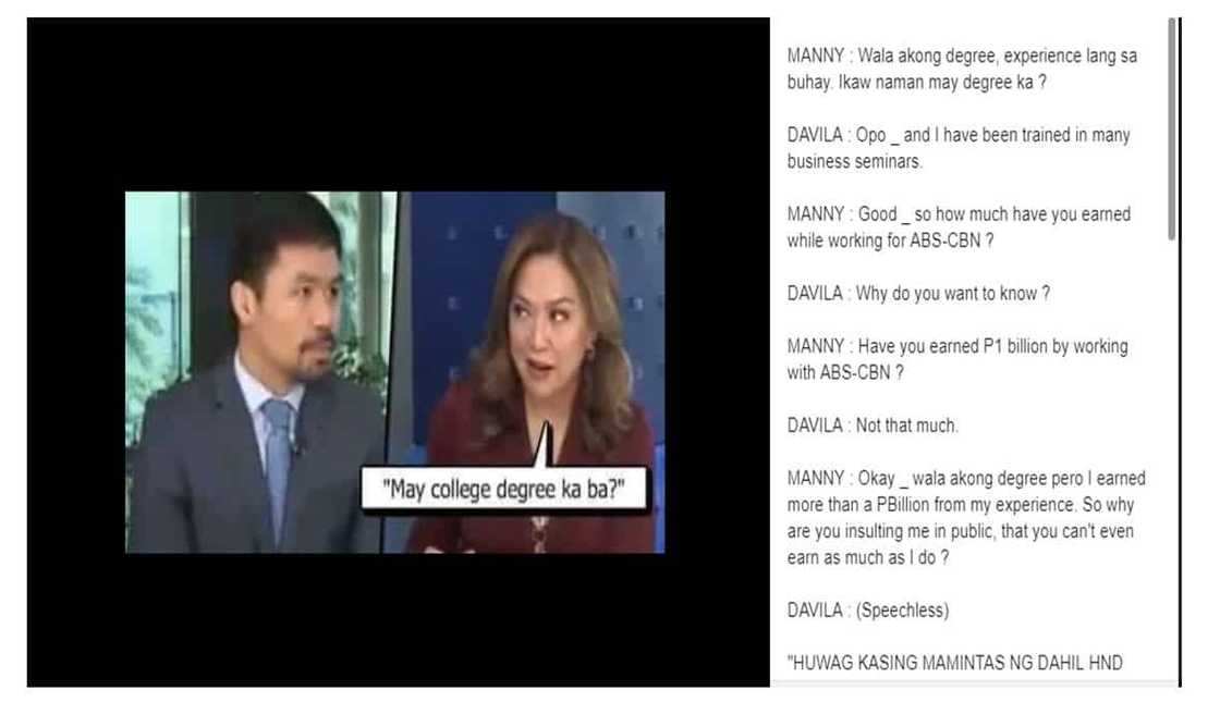 Fact check: Did Manny Pacquiao belittle the earnings of Karen Davila as journalist? Fact check: Did Manny Pacquiao belittle the earnings of Karen Davila as journalist?
