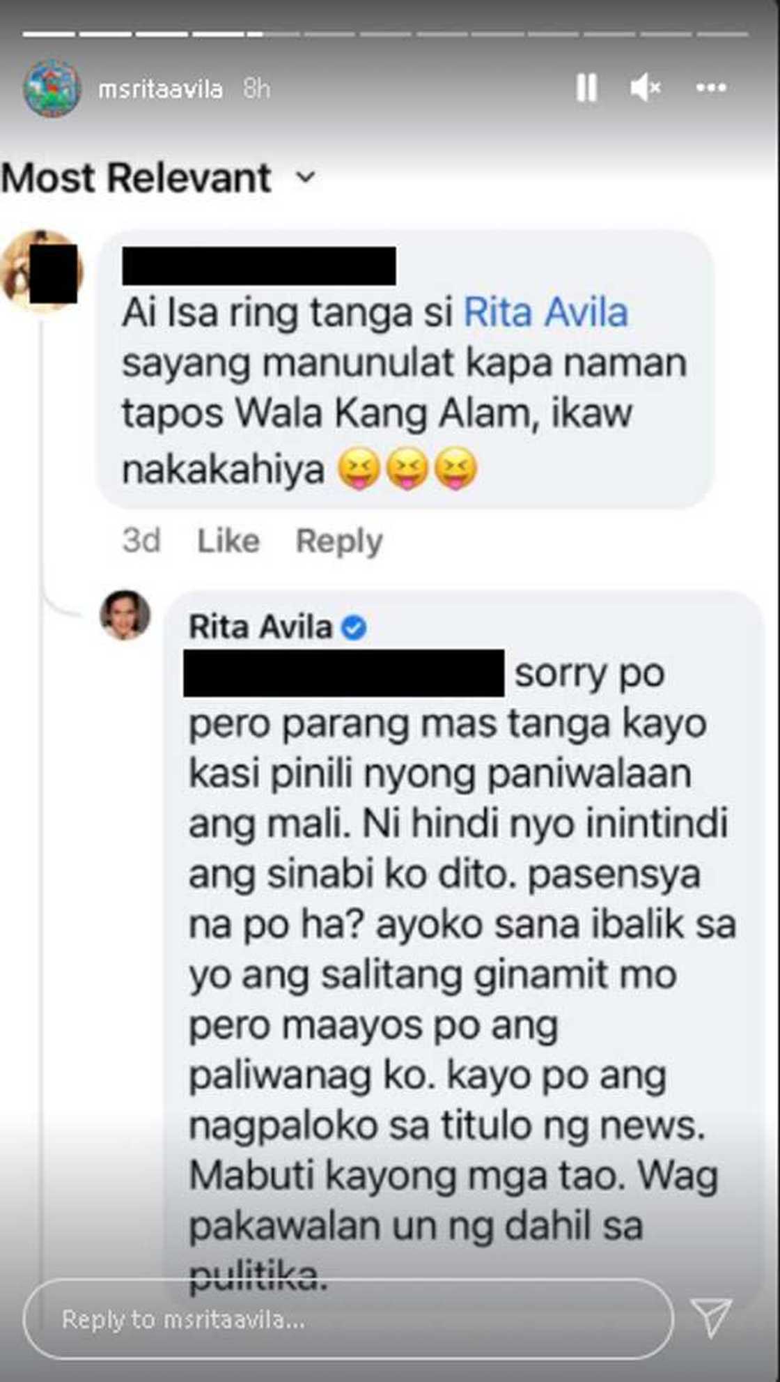 Rita Avila, perfect and resbak sa basher na tinawag siyang "tanga": "Hindi niyo inintindi sinabi ko"