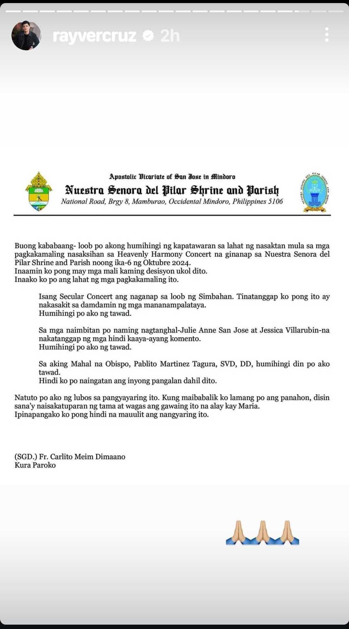 Rayver Cruz, ibinahagi ang pahayag ng kura paroko ng simbahan kung saan nag-perform si Julie Anne Rayver Cruz, ibinahagi ang pahayag ng kura paroko ng simbahan kung saan nag-perform si Julie Anne