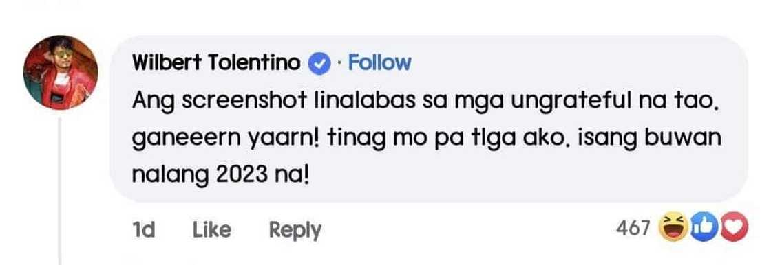 Wilbert Tolentino, nag-react sa 'screenshot' post ng netizen: "Tinag mo pa" Wilbert Tolentino, nag-react sa 'screenshot' post ng netizen: "Tinag mo pa"