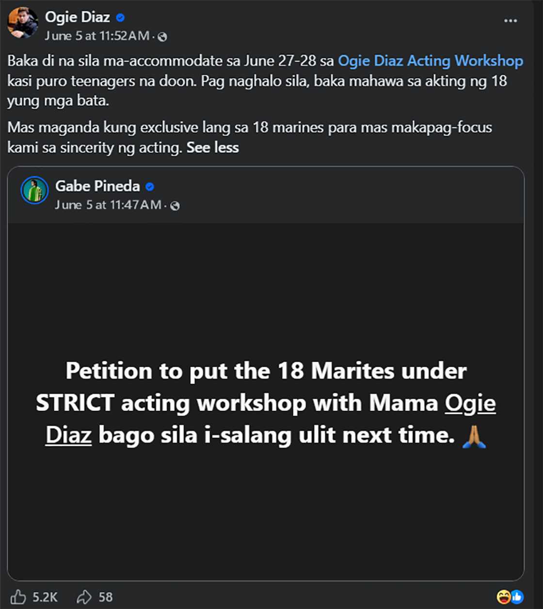 Ogie Diaz, may pabirong komento ukol sa kontrobersiyal na 18 marines