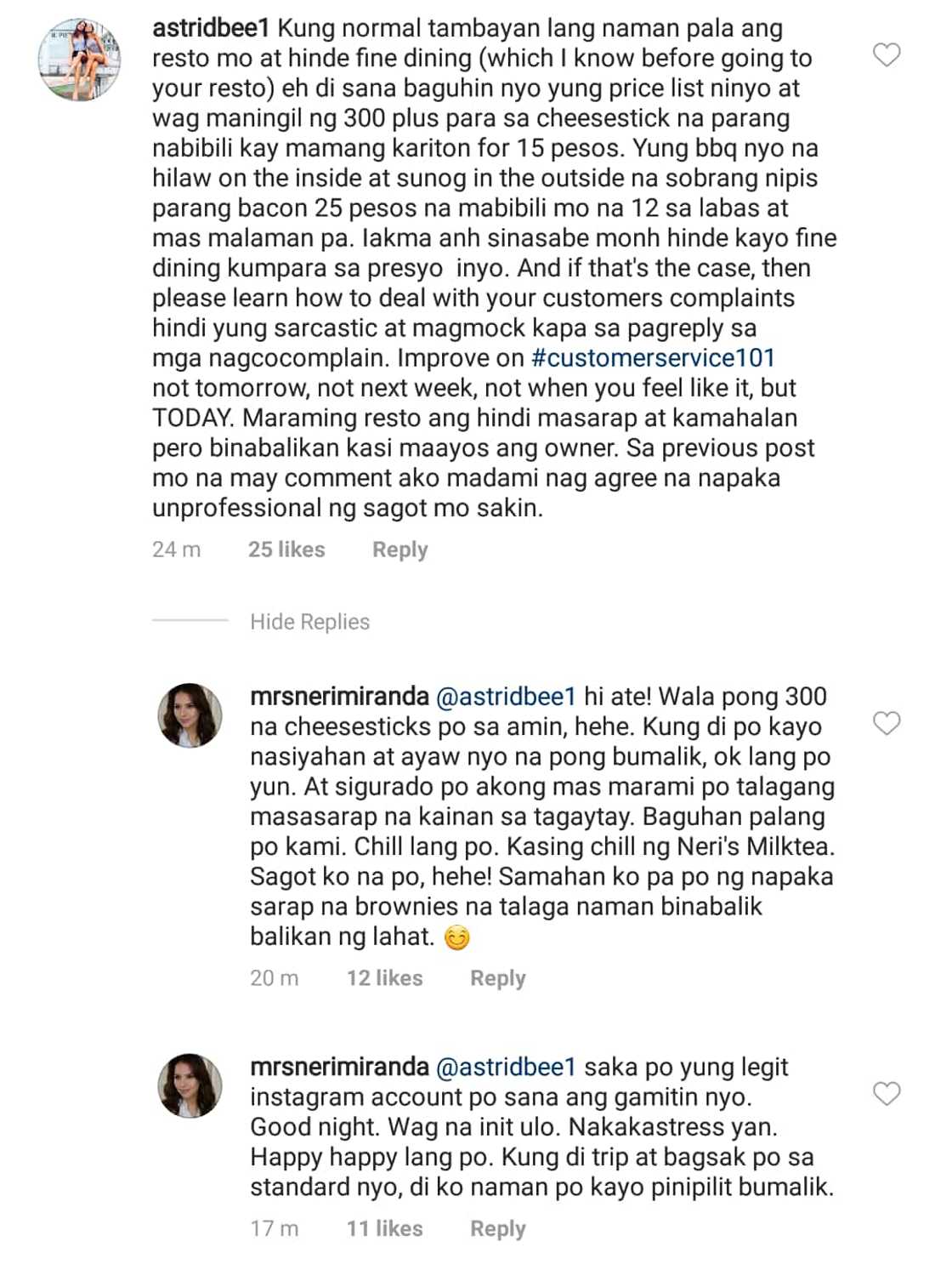Neri Miranda, nakipagsagutan sa netizen matapos nitong okrayin ang kanyang restaurant Neri Miranda, nakipagsagutan sa netizen matapos nitong okrayin ang kanyang restaurant