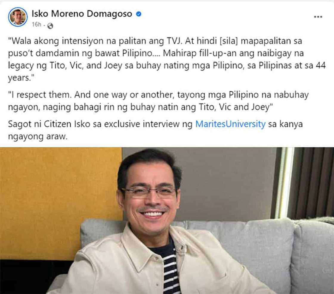 Isko Moreno, walang intension na palitan ang TVJ: “I respect them” Isko Moreno, walang intension na palitan ang TVJ: “I respect them”