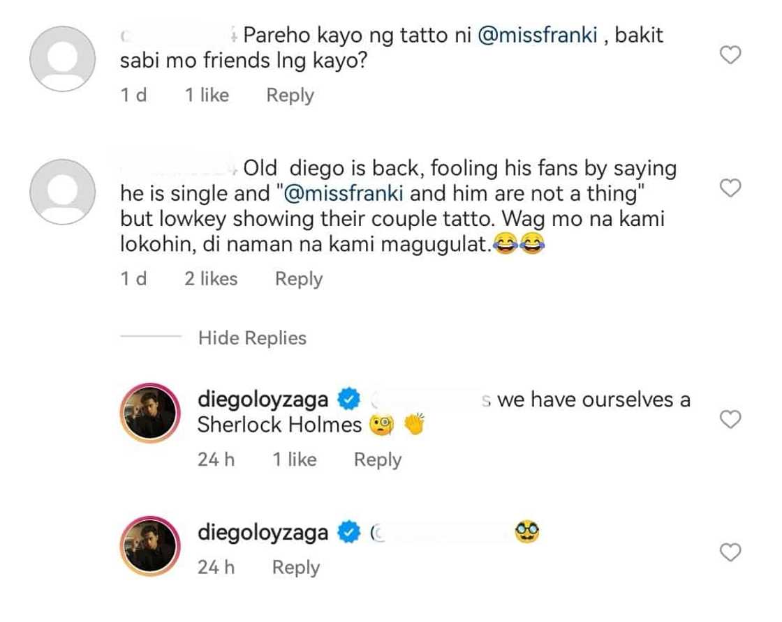 Diego Loyzaga teases netizens who said he & Franki Russell seem to have similar tattoos