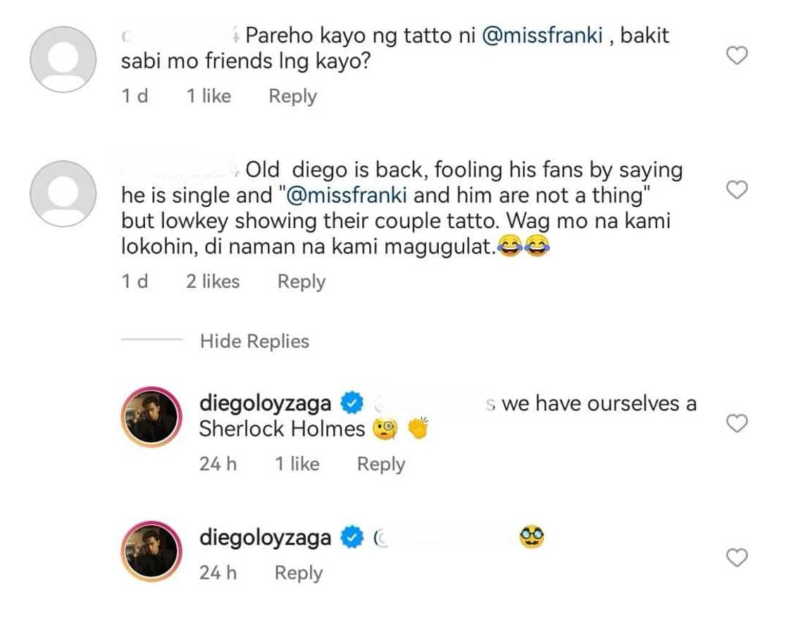 Diego Loyzaga teases netizens who said he & Franki Russell seem to have similar tattoos Diego Loyzaga teases netizens who said he & Franki Russell seem to have similar tattoos