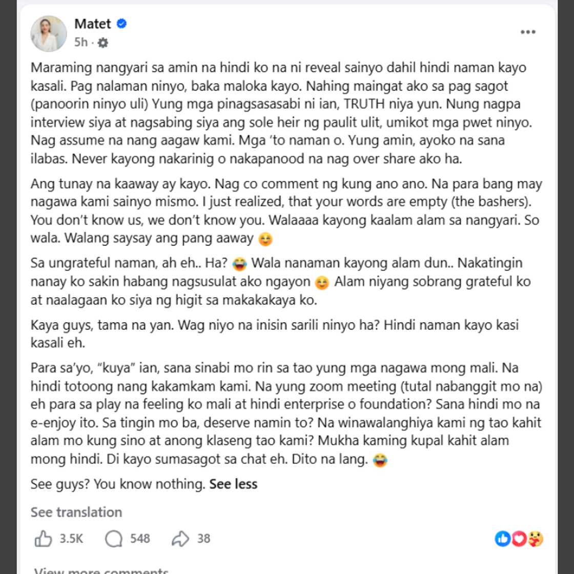 Matet de Leon, diretsahang sinita si Ian de Leon sa mga umano’y iniwang detalye