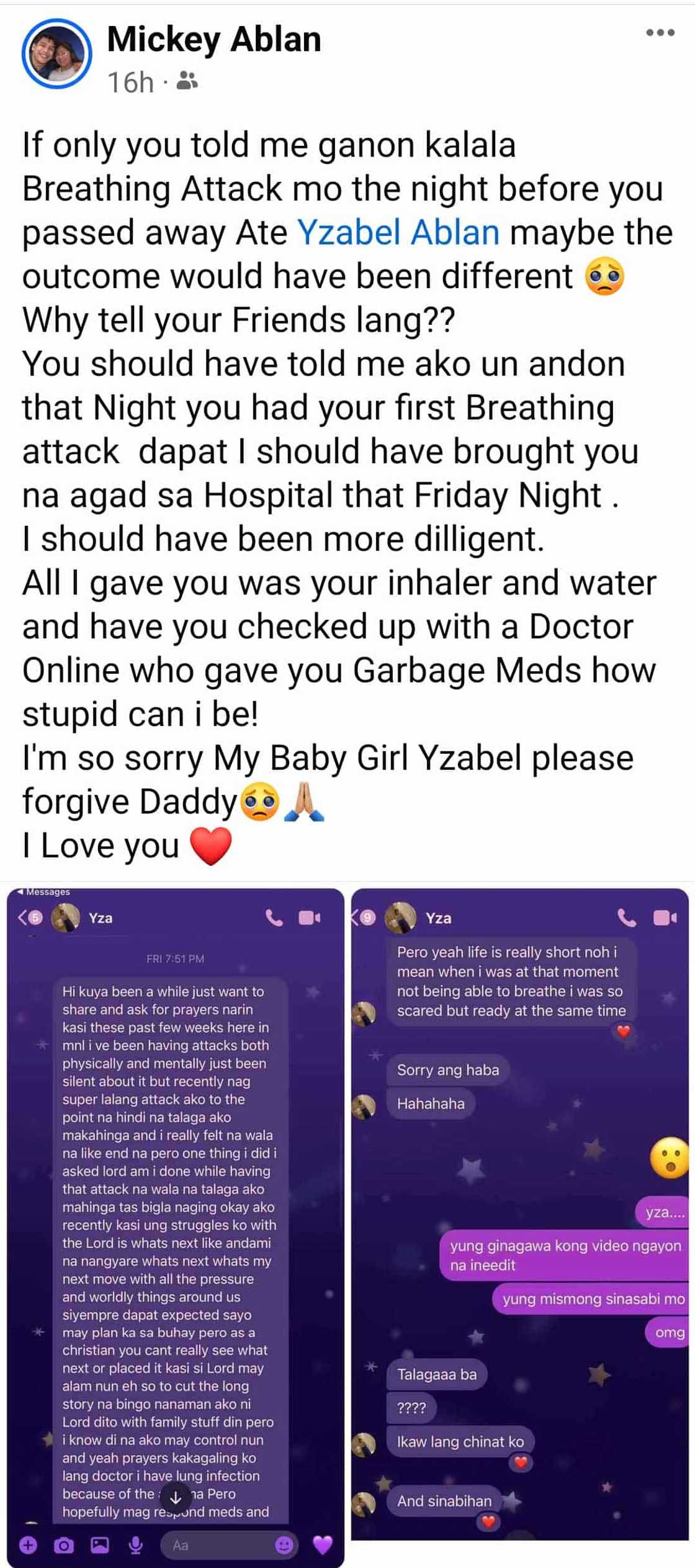 Mickey Ablan sa anak: "I'm so sorry My Baby Girl Yzabel, please forgive Daddy"