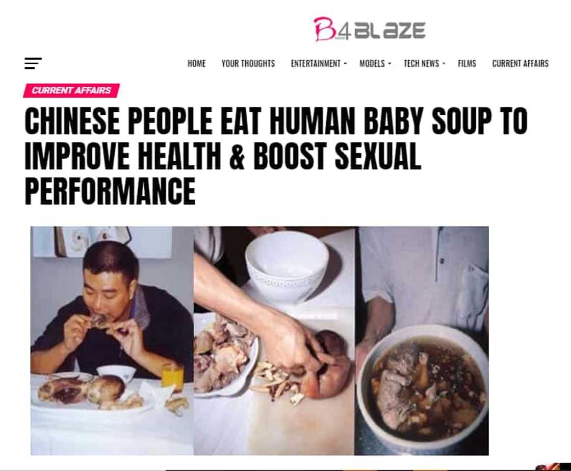 False: Chinese man having ‘human baby soup’ to ‘improve health’ False: Chinese man having ‘human baby soup’ to ‘improve health’