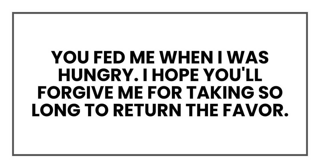 You fed me when I was hungry. I hope you'll forgive me for taking so long to return the favor. You fed me when I was hungry. I hope you'll forgive me for taking so long to return the favor.