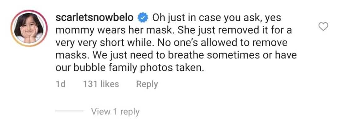 Scarlet Snow Belo explains why Vicki Belo did not wear a mask in viral photo