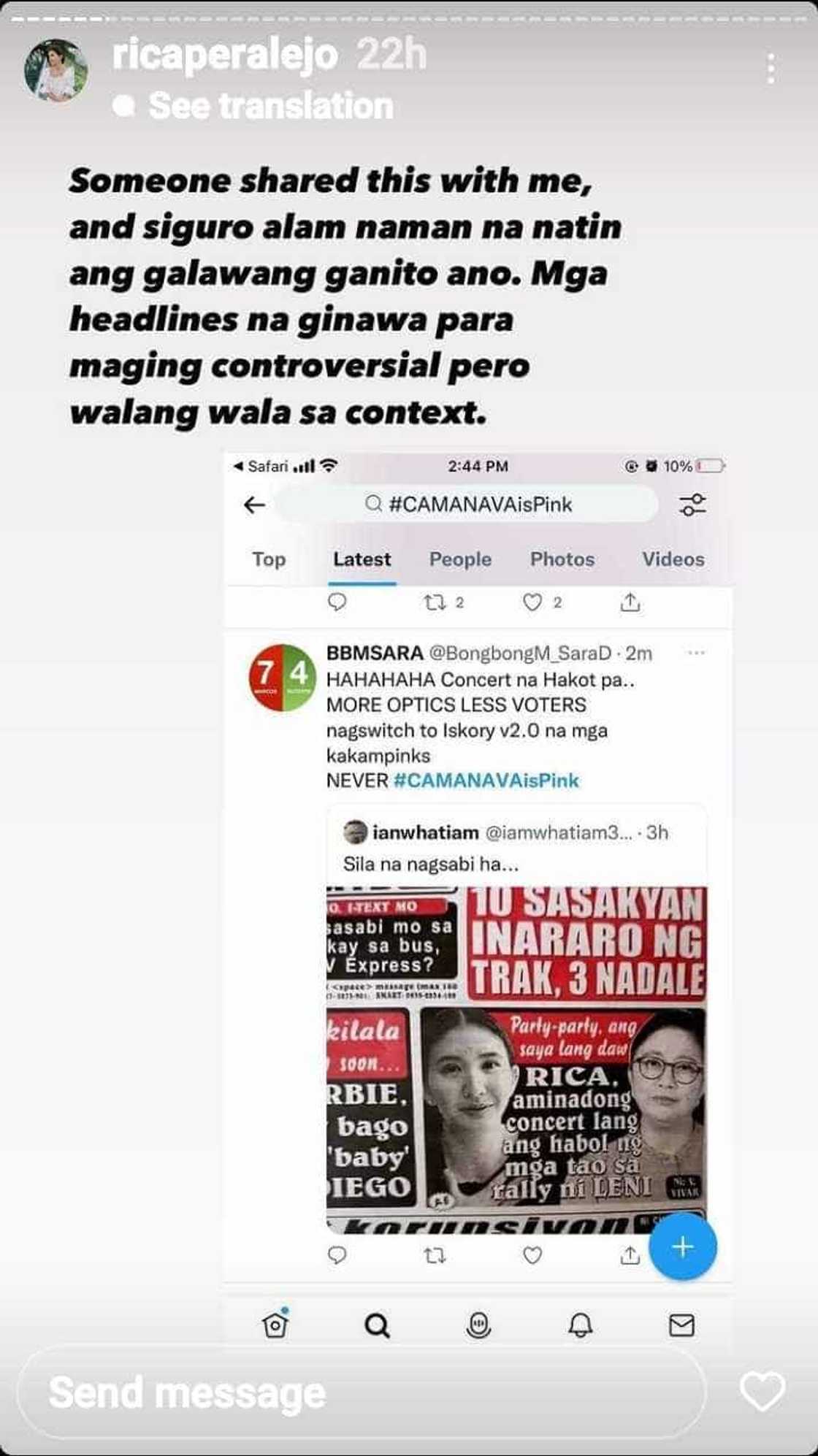 Rica Peralejo debunks tabloid’s headline mentioning her: “ibang-iba ang sinabi ko” Rica Peralejo debunks tabloid’s headline mentioning her: “ibang-iba ang sinabi ko”