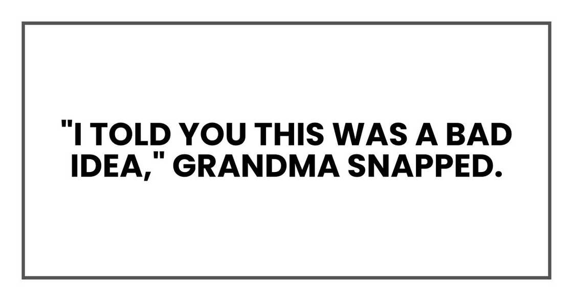 "I told you this was a bad idea," Grandma snapped. "I told you this was a bad idea," Grandma snapped.
