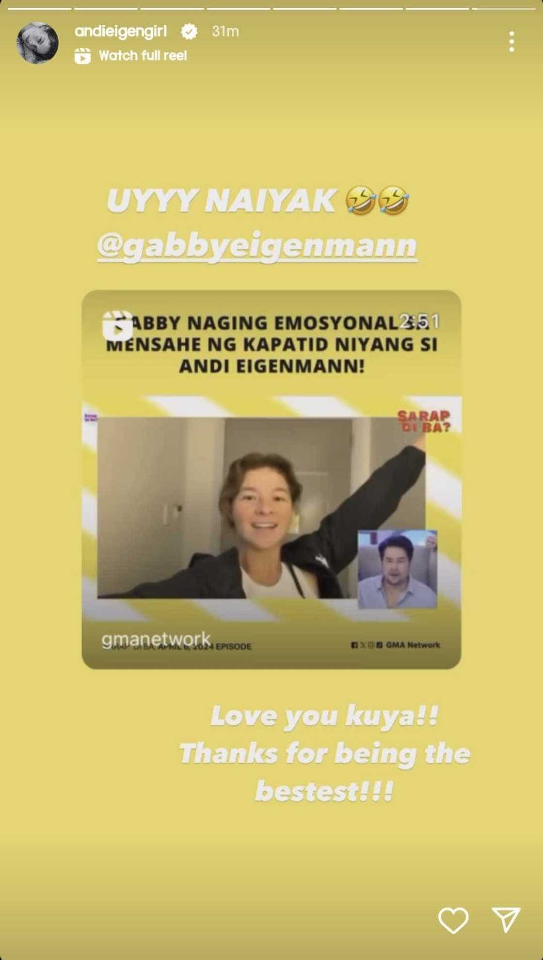 Andi Eigenmann teases her 'Kuya' Gabby Eigenmann for crying on-air: "Uy naiyak" Andi Eigenmann teases her 'Kuya' Gabby Eigenmann for crying on-air: "Uy naiyak"