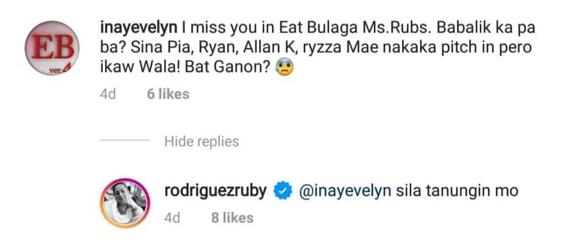 Ruby Rodriguez on not appearing on Eat Bulaga: “Sila tanungin mo” Ruby Rodriguez on not appearing on Eat Bulaga: “Sila tanungin mo”