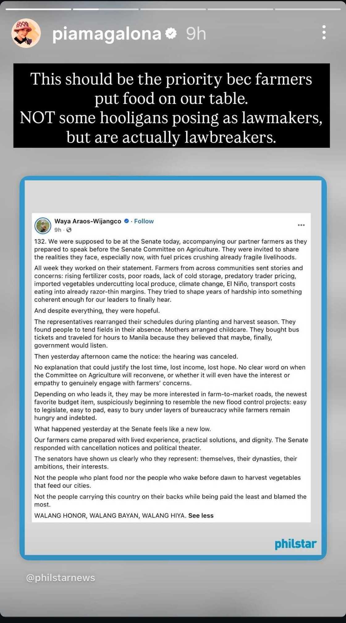 Pia Magalona, pinuna ang prayoridad ng Senado matapos kanselahin ang pagdinig para sa mga magsasaka