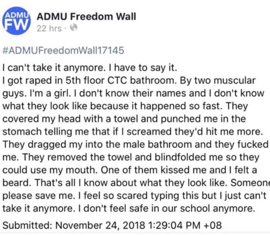 Estudyante, idinetalye sa ADMU Freedom Wall ang umano'y pangagahasa sa campus, admin umalma sa karahasan Estudyante, idinetalye sa ADMU Freedom Wall ang umano'y pangagahasa sa campus, admin umalma sa karahasan