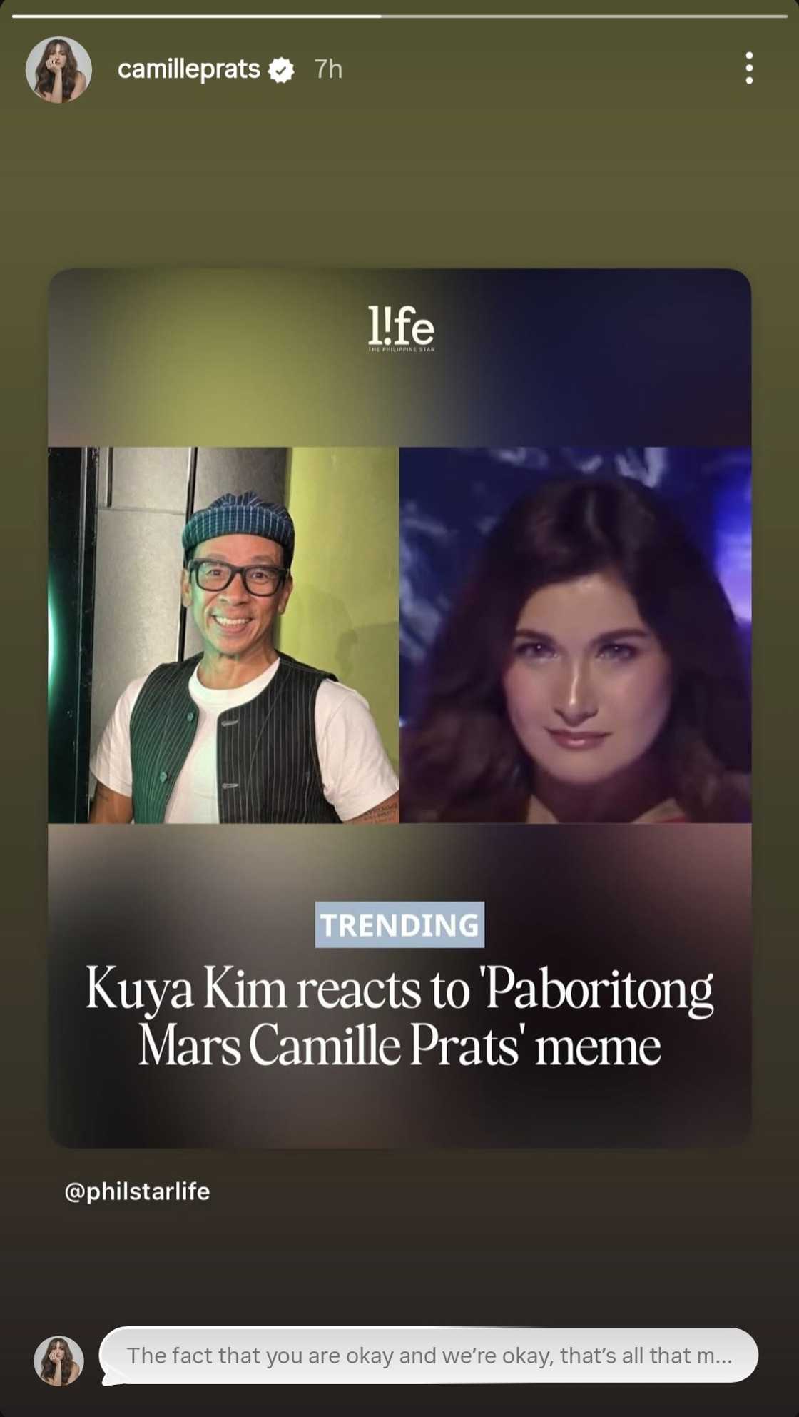 Camille Prats addresses Kuya Kim's reaction to her 'Paboritong Mars' meme