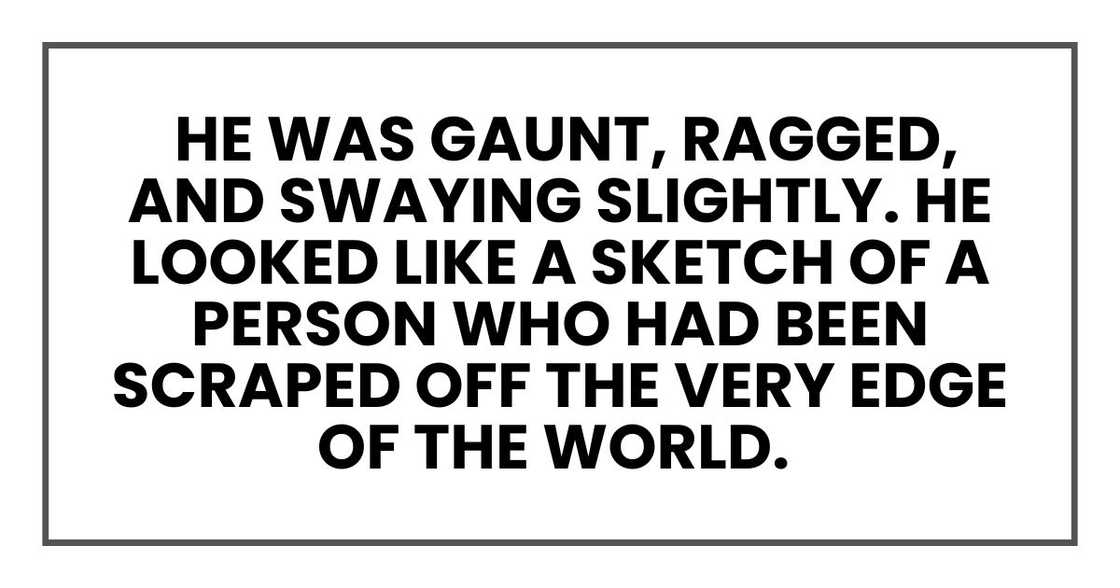 He was gaunt, ragged, and swaying slightly. He looked like a sketch of He was gaunt, ragged, and swaying slightly. He looked like a sketch of