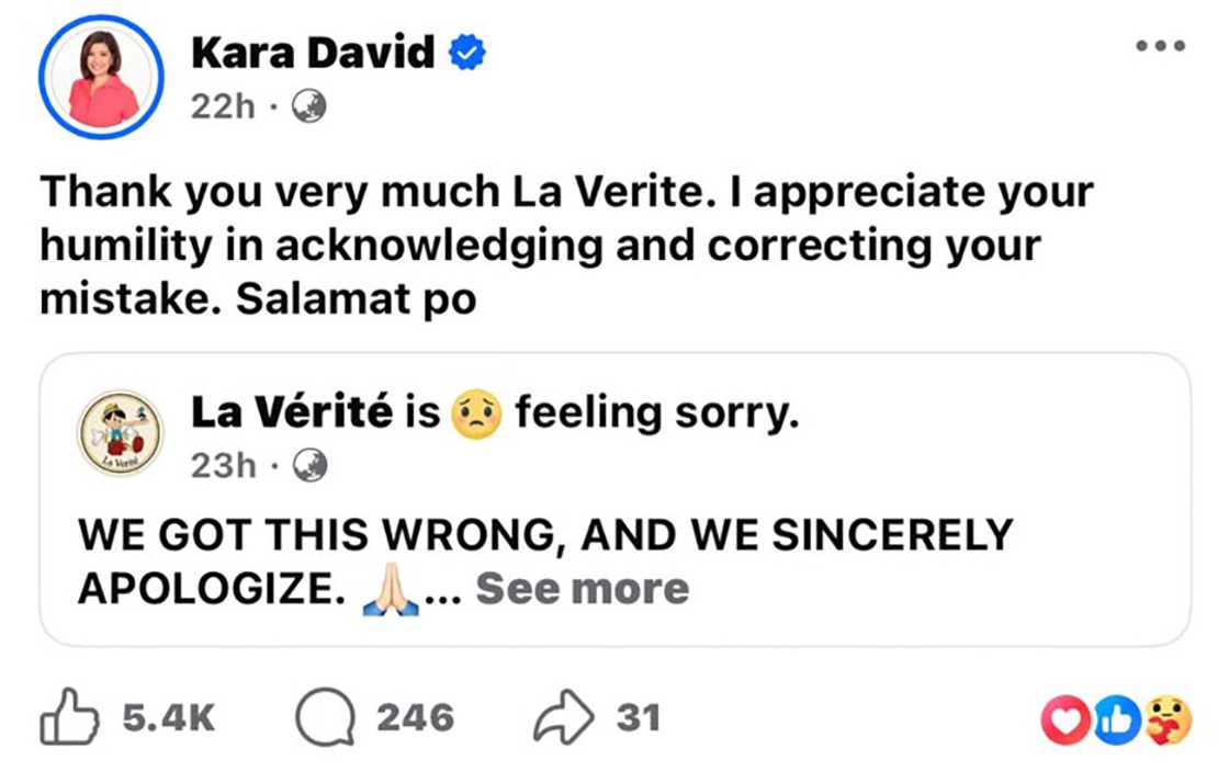 Kara David, tinanggap na ang apology ng isang online news channel Kara David, tinanggap na ang apology ng isang online news channel