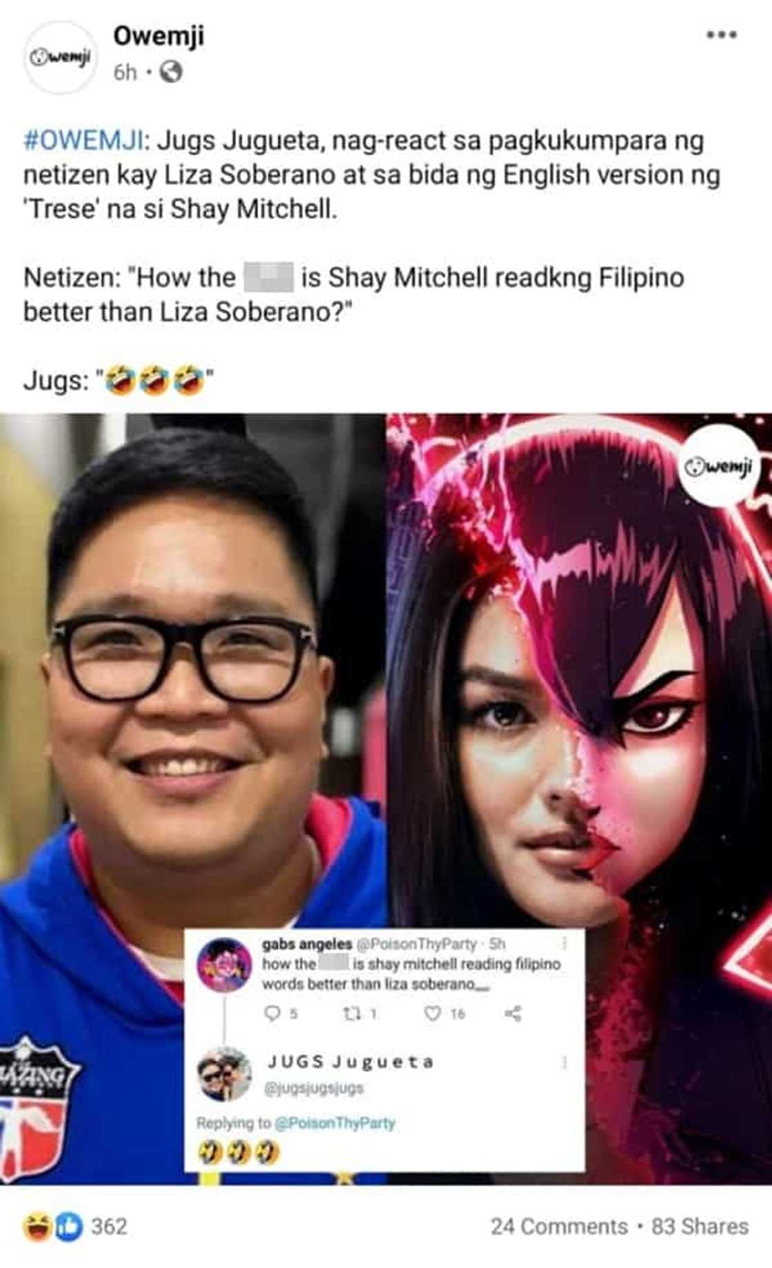 Jugs Jugueta reacts to netizen's post comparing Liza Soberano to Shay Mitchell Jugs Jugueta reacts to netizen's post comparing Liza Soberano to Shay Mitchell
