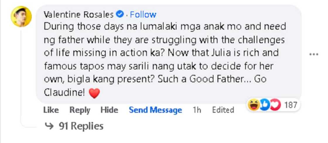 Valentine Rosales, dinepensahan si Julia Barretto kay Dennis Padilla; nag-cheer kay Claudine Barretto Valentine Rosales, dinepensahan si Julia Barretto kay Dennis Padilla; nag-cheer kay Claudine Barretto