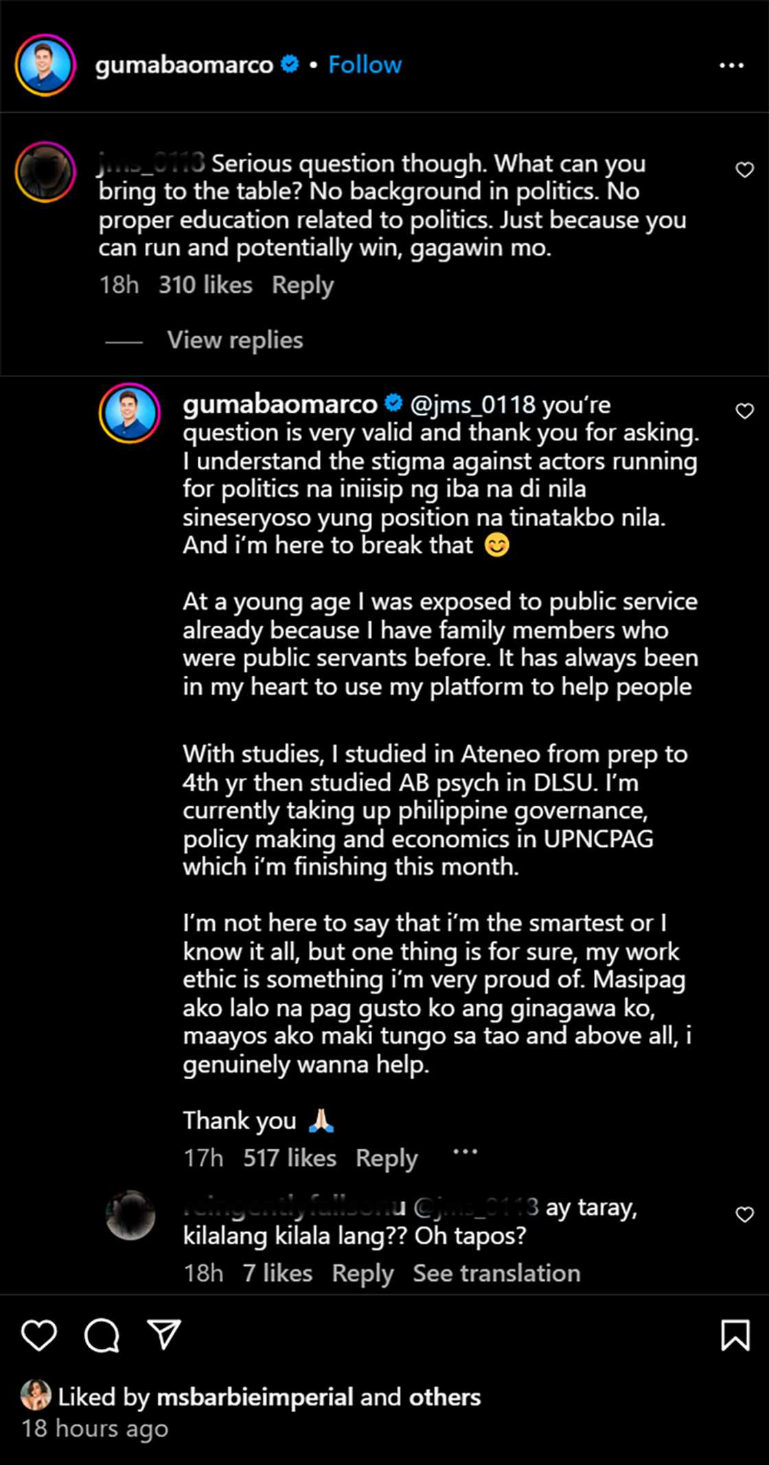 Marco Gumabao, sinagot netizen na nagtanong ukol sa kanyang kandidatura Marco Gumabao, sinagot netizen na nagtanong ukol sa kanyang kandidatura