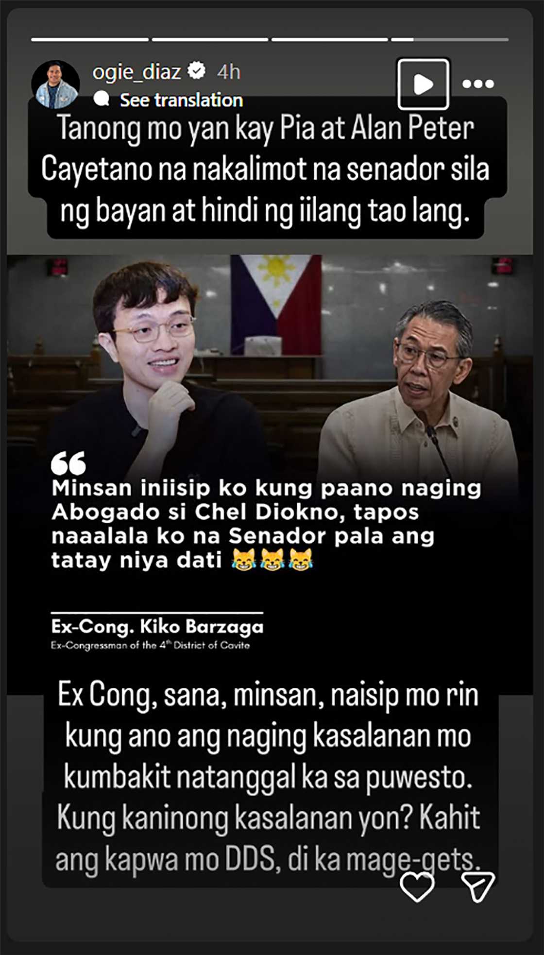 Ogie Diaz, matapang na sinopla post ni dating Congressman Kiko Barzaga