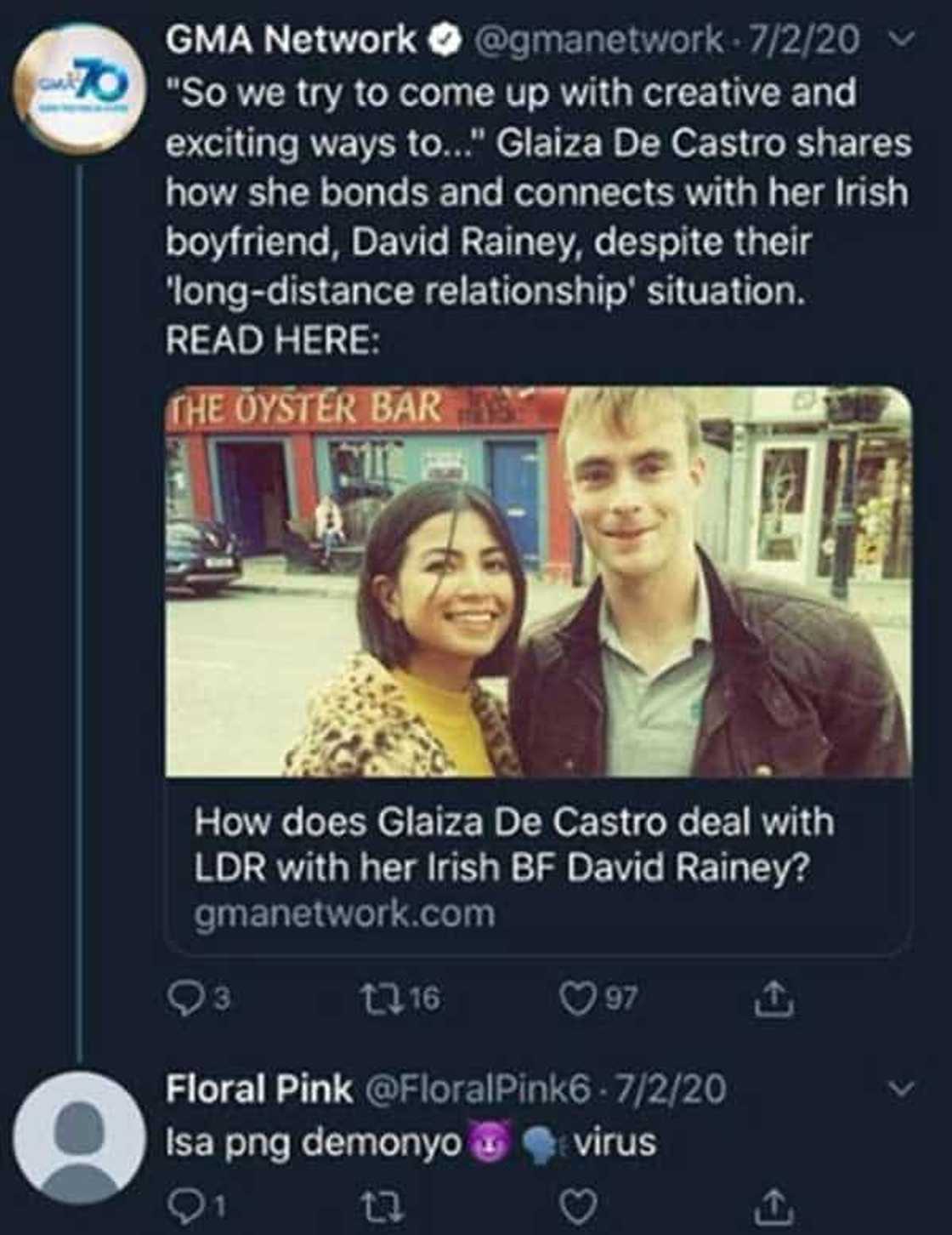 Glaiza de Castro receives "malandi" comment, "demonyo" for Irish boyfriend, but gives the perfect retort Glaiza de Castro receives "malandi" comment, "demonyo" for Irish boyfriend, but gives the perfect retort