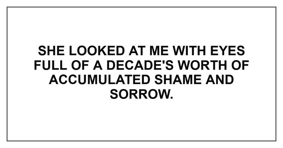 She looked at me with eyes full of a decade's worth of accumulated shame and sorrow. She looked at me with eyes full of a decade's worth of accumulated shame and sorrow.