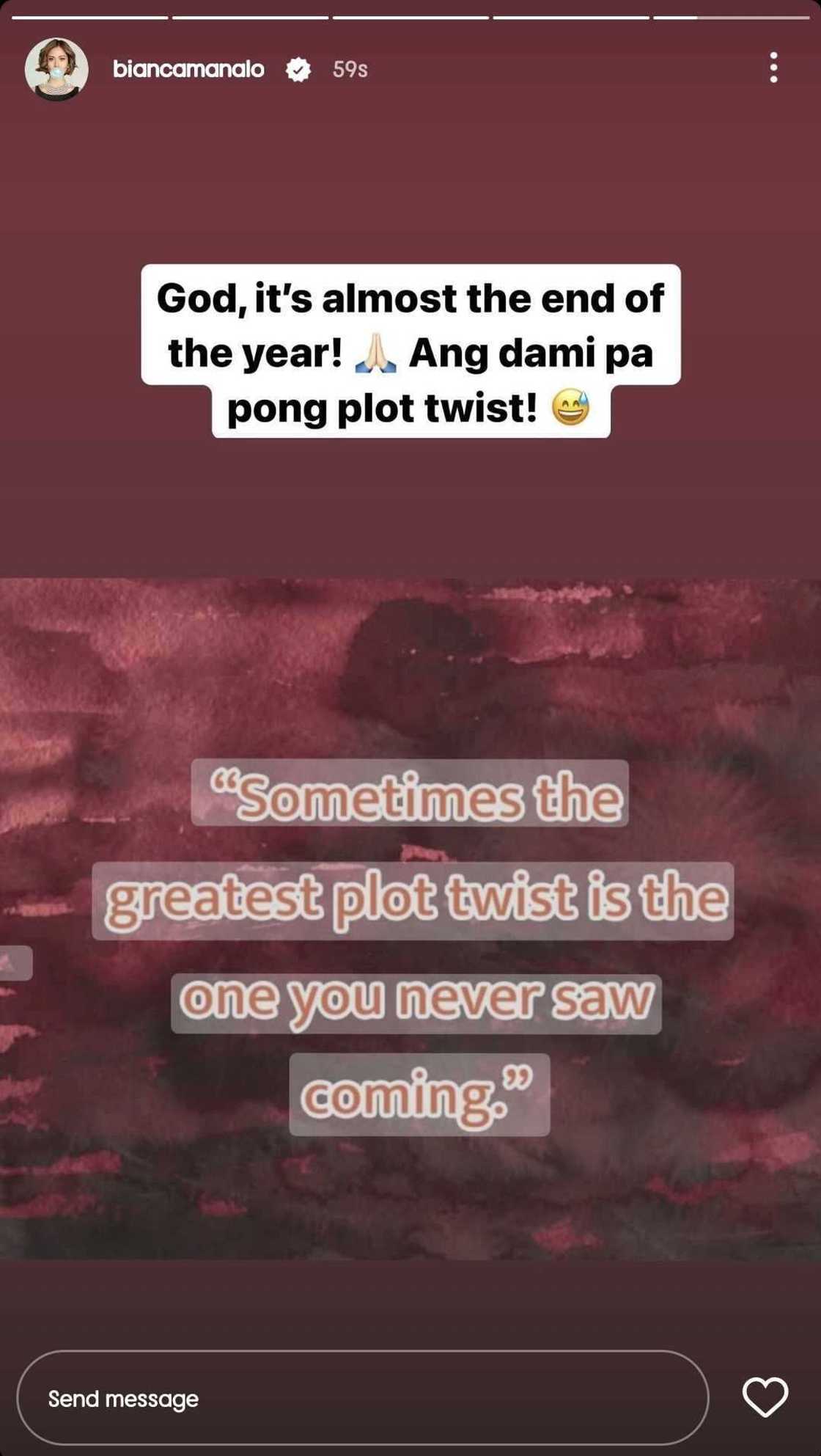 Bianca Manalo, sa nalalapit na pagtatapos ng taon: "Ang dami pa pong plot twist" Bianca Manalo, sa nalalapit na pagtatapos ng taon: "Ang dami pa pong plot twist"