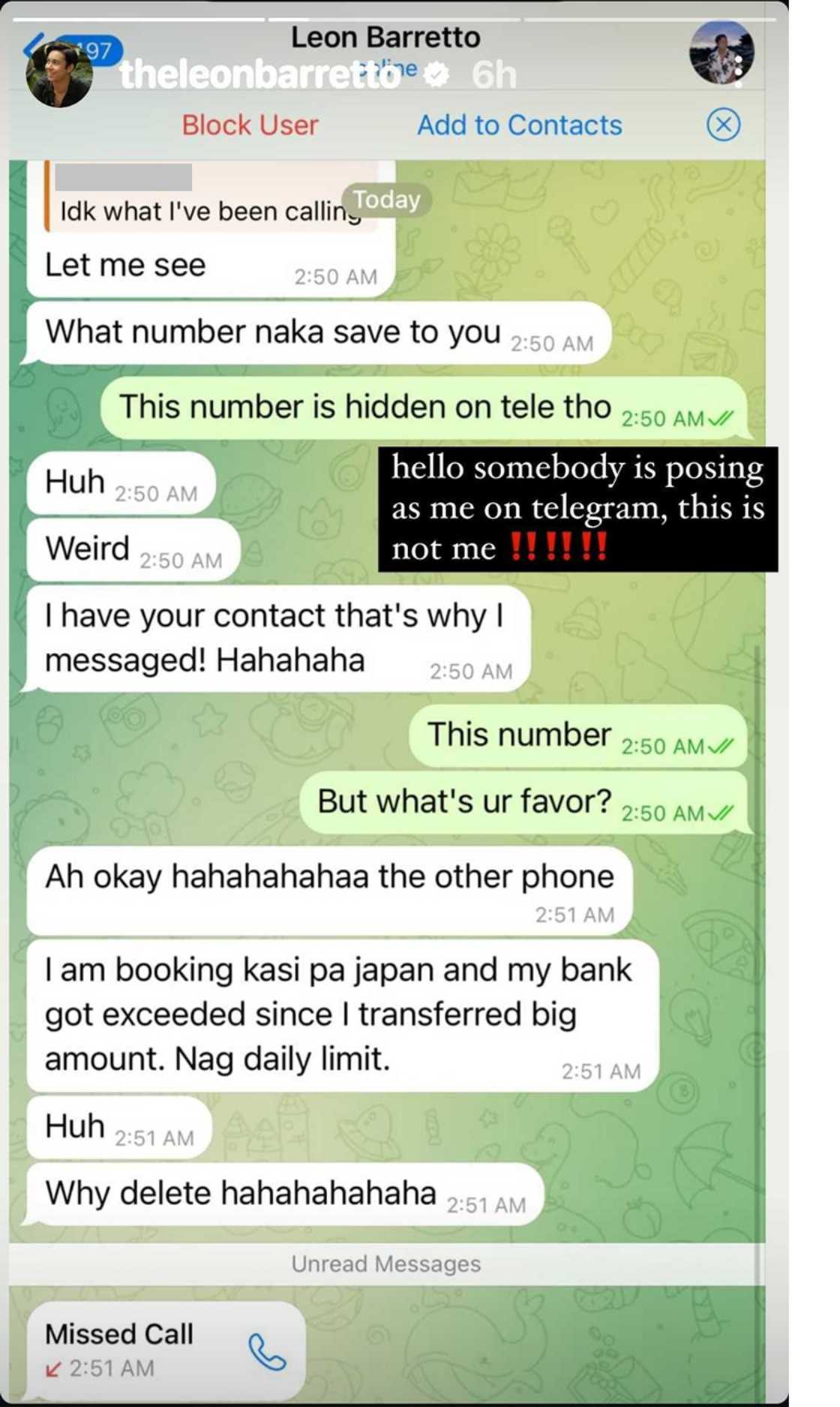 Leon Barretto, nagbabala ukol sa poser niya; nag-share ng screenshots ng messages ng poser Leon Barretto, nagbabala ukol sa poser niya; nag-share ng screenshots ng messages ng poser