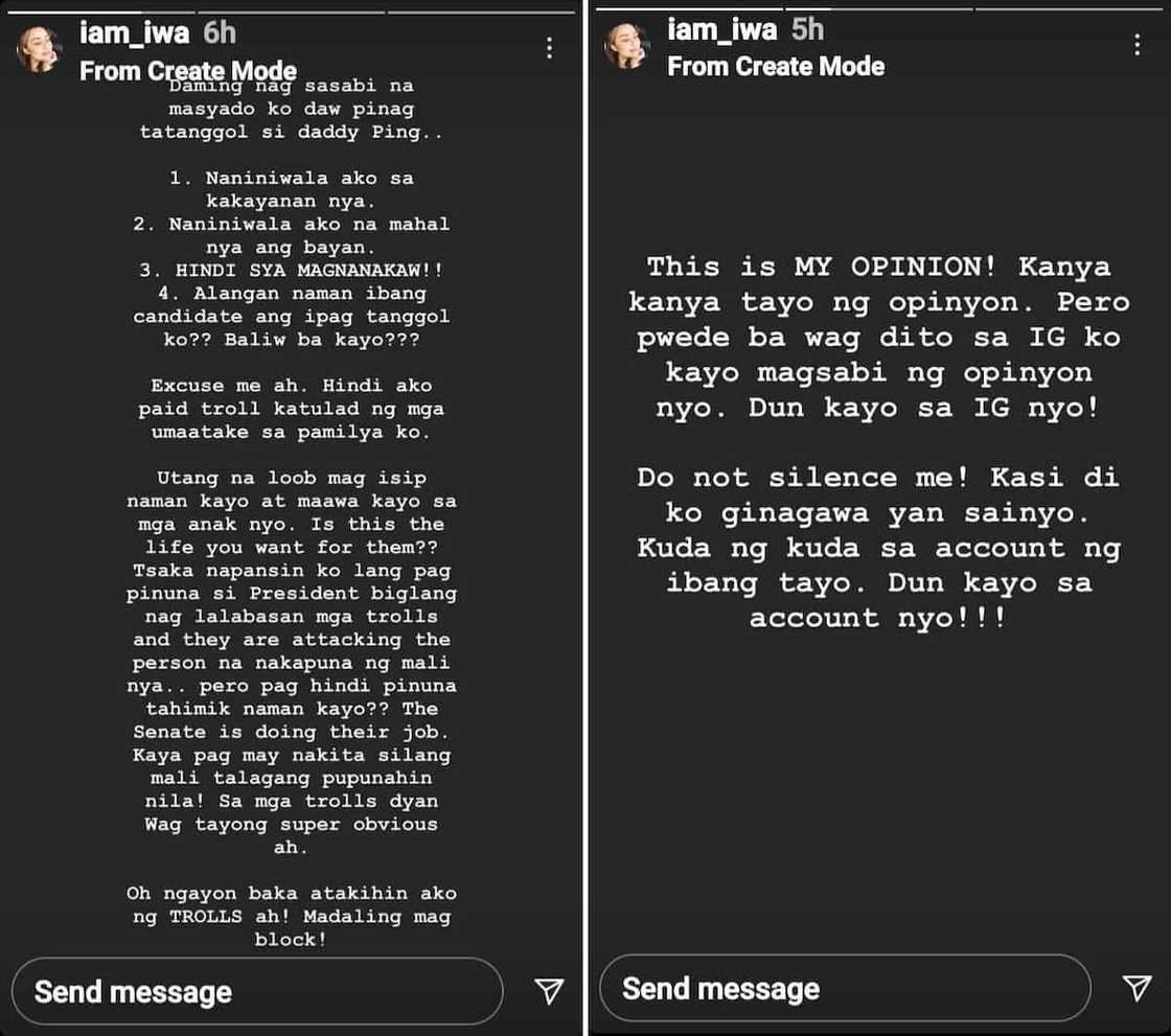 Iwa Motto sa trolls matapos ipagtanggol si Ping Lacson: “Wag dito sa IG ko”
