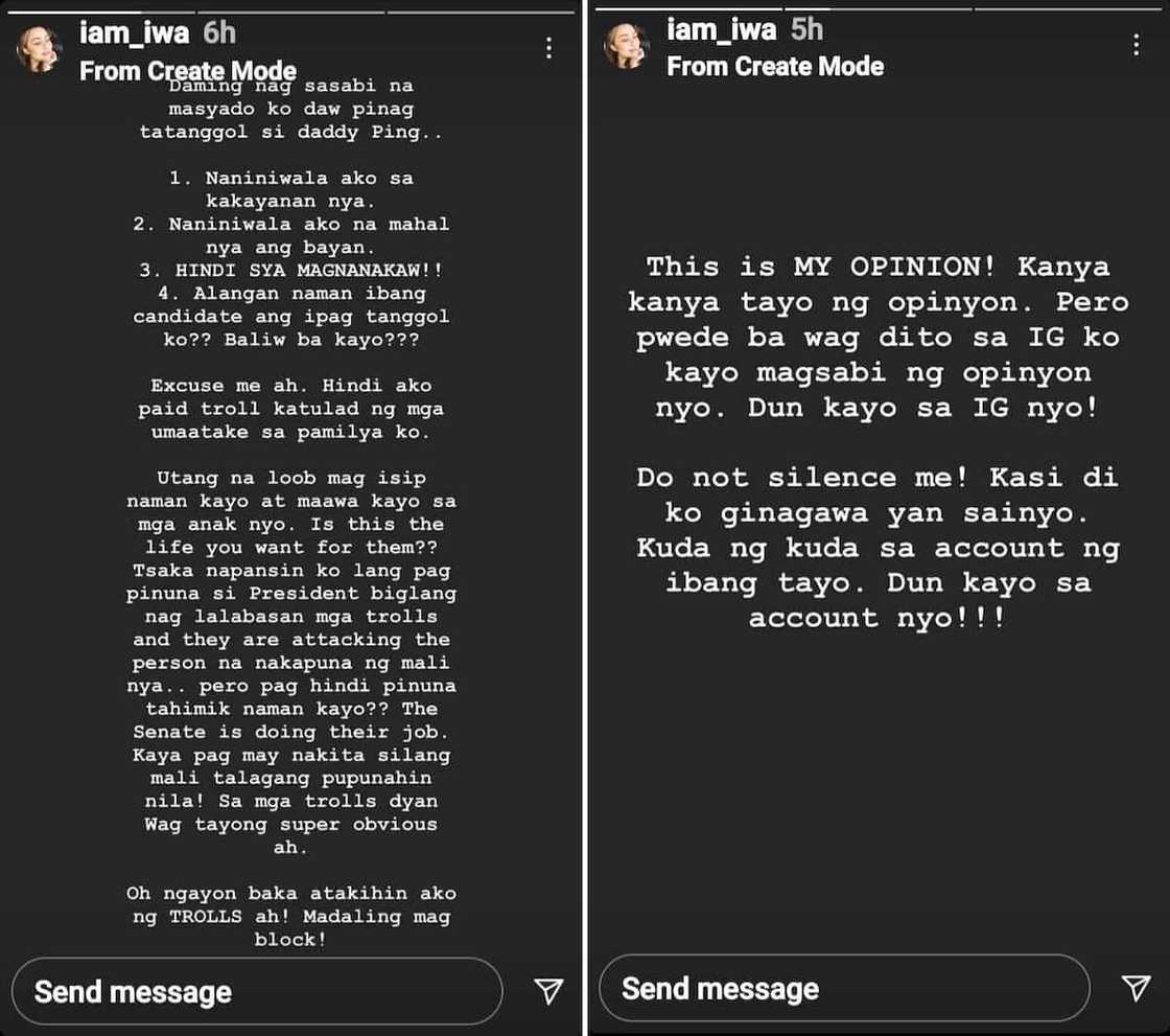 Iwa Motto sa trolls matapos ipagtanggol si Ping Lacson: “Wag dito sa IG ko” Iwa Motto sa trolls matapos ipagtanggol si Ping Lacson: “Wag dito sa IG ko”