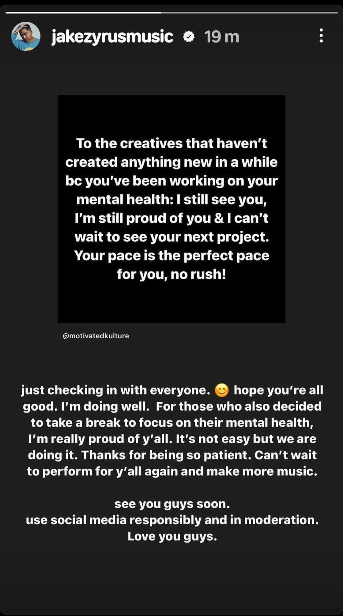 Jake Zyrus, may mensahe sa followers sa gitna ng social media break: “Just checking in with everyone” Jake Zyrus, may mensahe sa followers sa gitna ng social media break: “Just checking in with everyone”