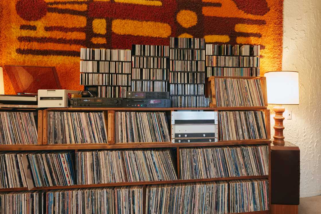 Close-up of a record and CD collection Close-up of a record and CD collection