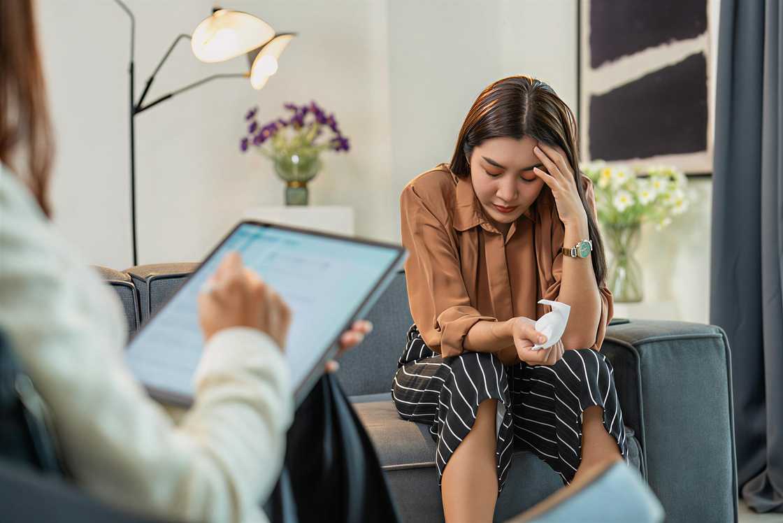 An emotional woman seeking support