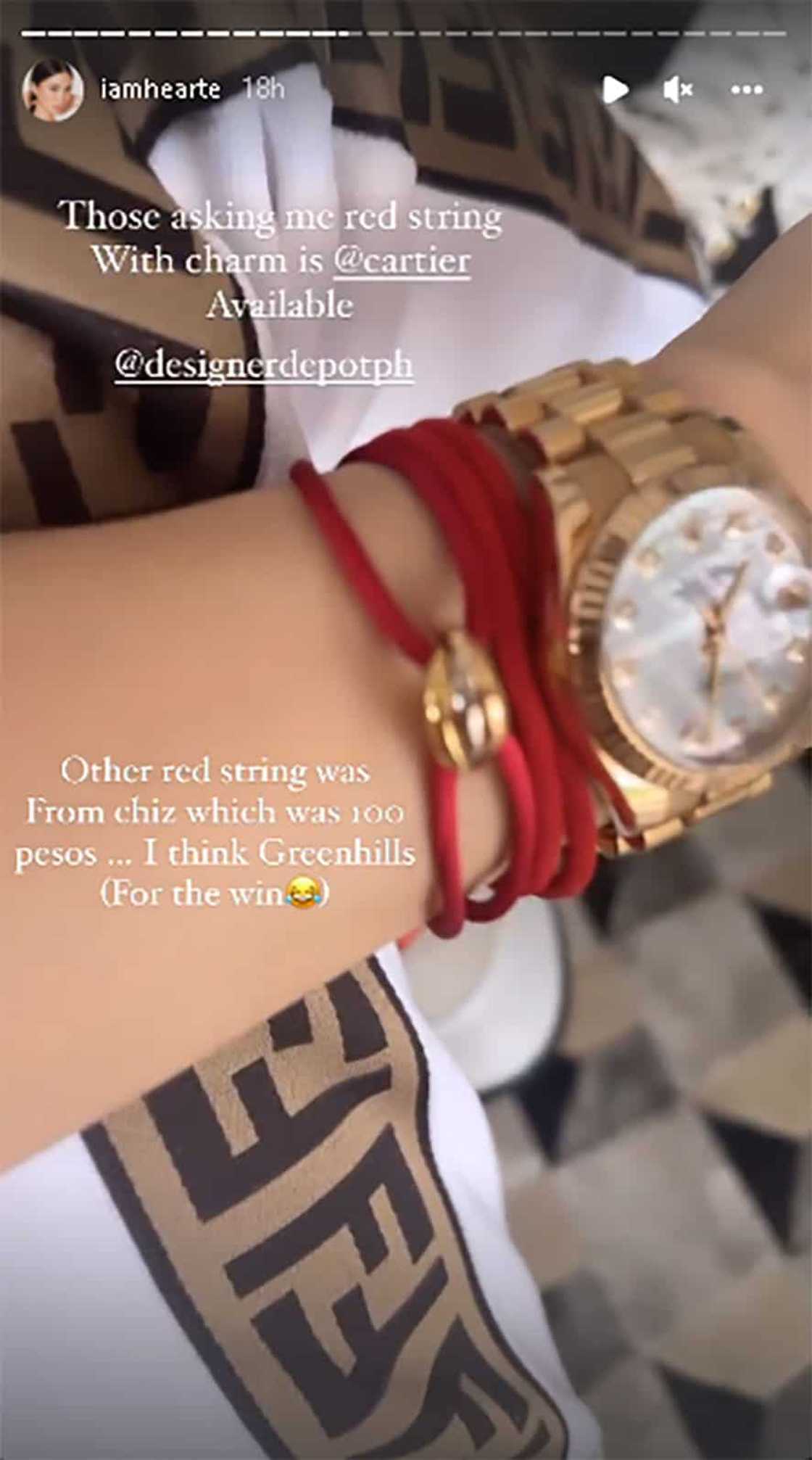 Heart Evangelista, ibinida red string bracelet worth P100; katabi nito ang Cartier string bracelet with charm Heart Evangelista, ibinida red string bracelet worth P100; katabi nito ang Cartier string bracelet with charm
