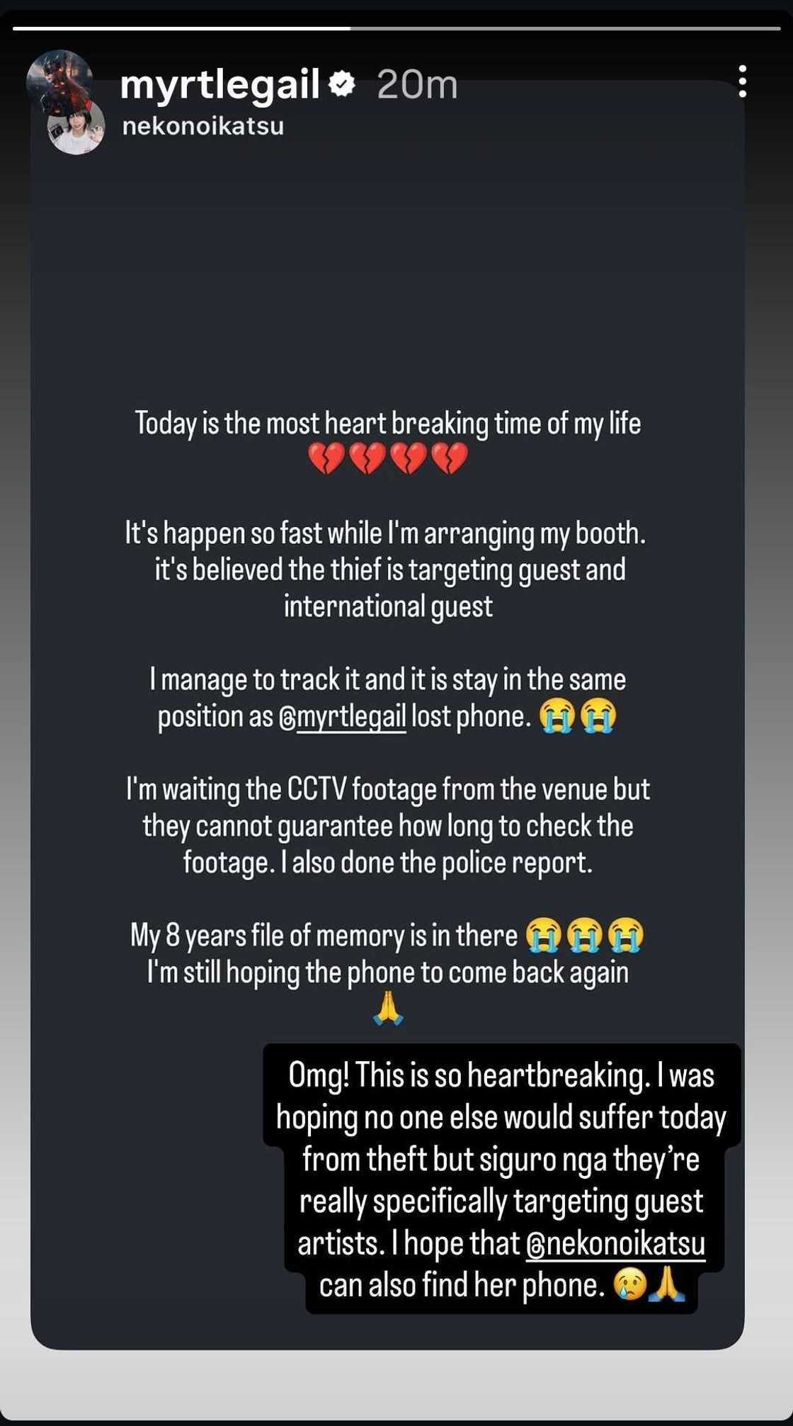 Myrtle Sarrosa, nag-react matapos manakawan din umano ng phone si Indonesian cosplayer Nekonoi Katsu