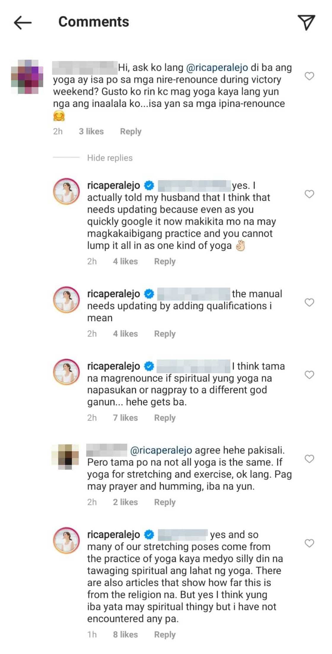 Rica Peralejo answers netizen asking how she is able to do yoga amid renunciation