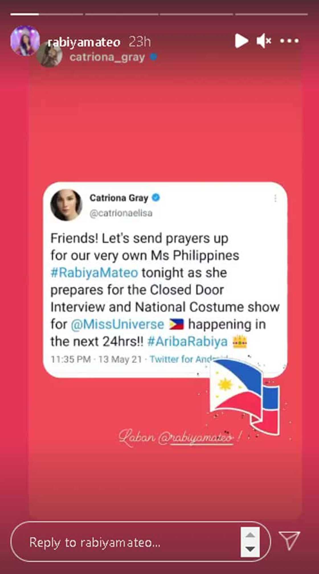Rabiya Mateo channels queenly behavior; reposts Catriona Gray's tweet of support for her Rabiya Mateo channels queenly behavior; reposts Catriona Gray's tweet of support for her